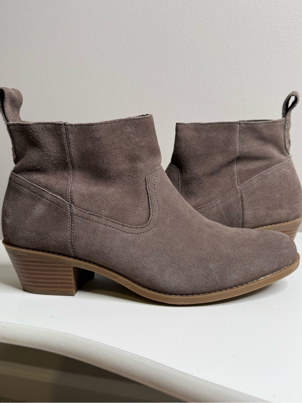 Vionic Taupe Suede Ankle Booties with Low Stacked Heel